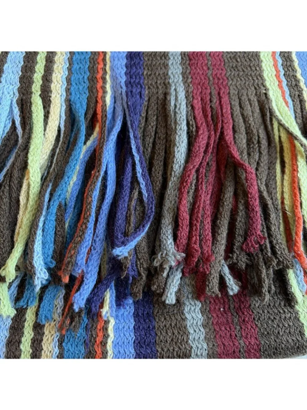 Vintage Y2K Vertical Striped Scarf Warp Knit Fringe Rainbow Colorful 10X74